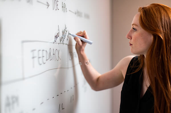 member using whiteboard in meeting room